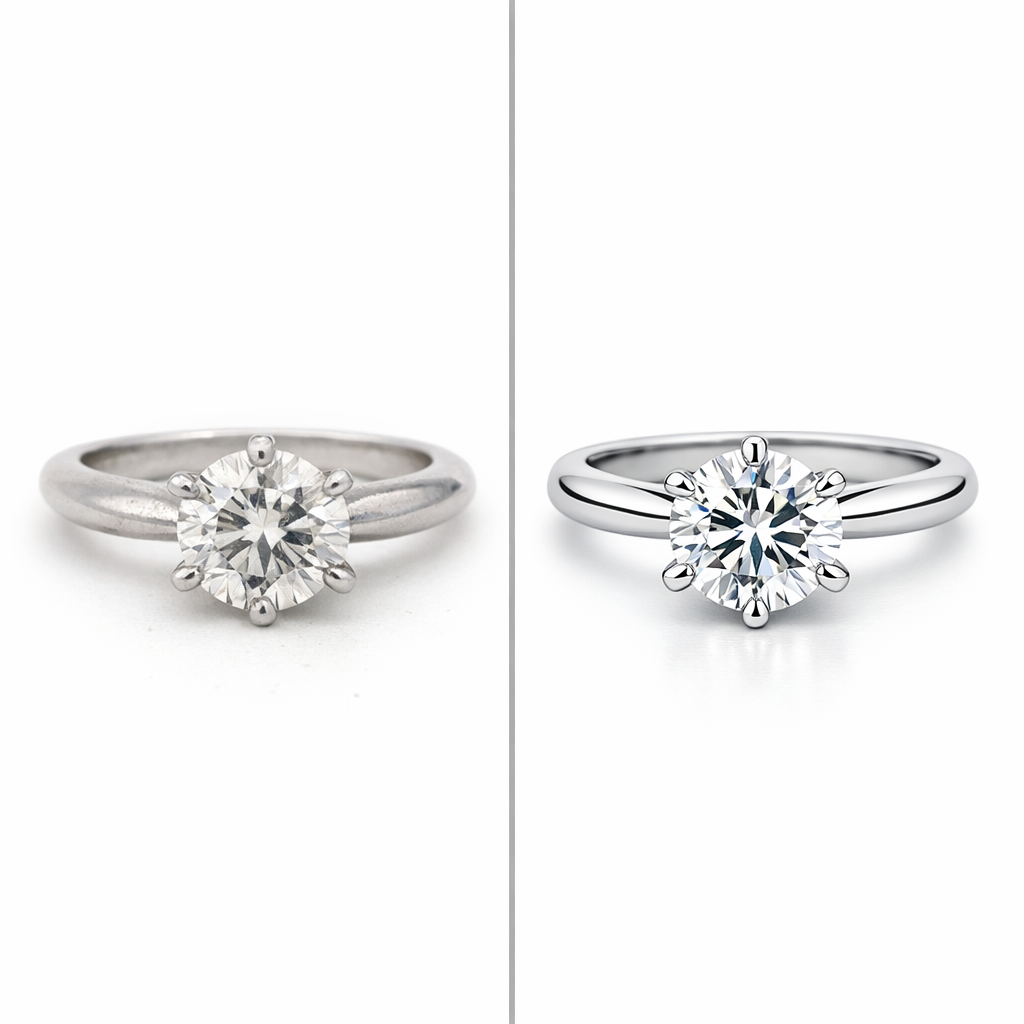 Retouching service — before and after of a retouched diamond ring